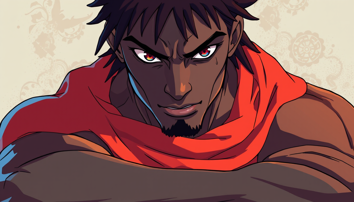 Anime idea: anime style, vibrant colors, expressive eyes, Homme africain Guerrier corps robuste , detailed anime illustration
