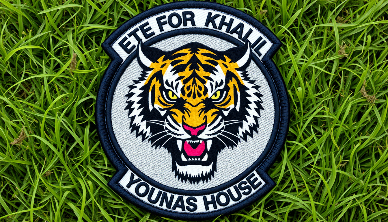 Main art studio: so make a patch where at the centre there should be a deadly and dangerous TIGER. The background of the tiger should be grassy and thick green bushes.