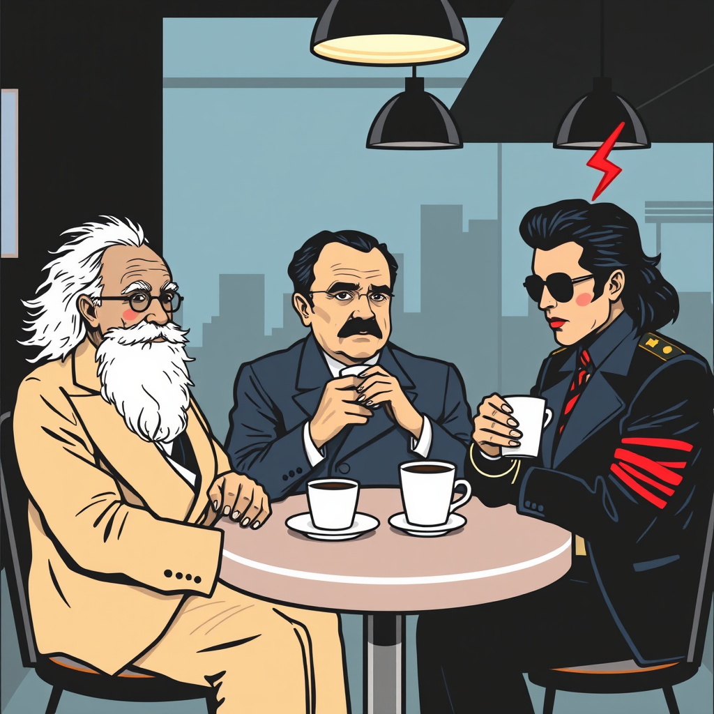 Main art studio: ::writing{variant=“standard” id=“39064”} Einstein, Gandhi, Hitler and Michael Jackson having coffee together at a modern café, stylish contemporary cl
