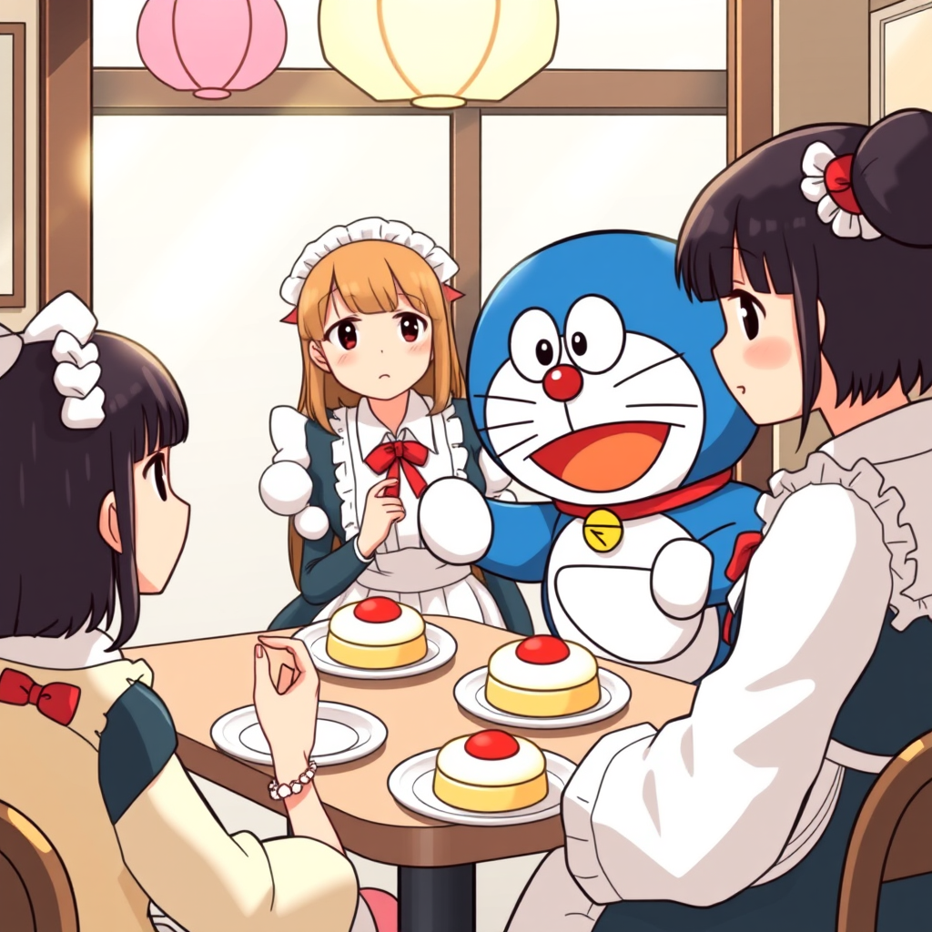 AI Art prompt example created from the prompt: Doraemon visited a maid cafe and the beautiful, kawaii and attractive maids treated him to dorayaki because he is their favorite "master".