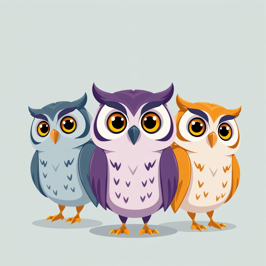 Main art studio: Create exactly three adorable 2D cartoon owls for a modern university mascot. Keep the colors: blue-gray, purple and warm orange. All three owls must