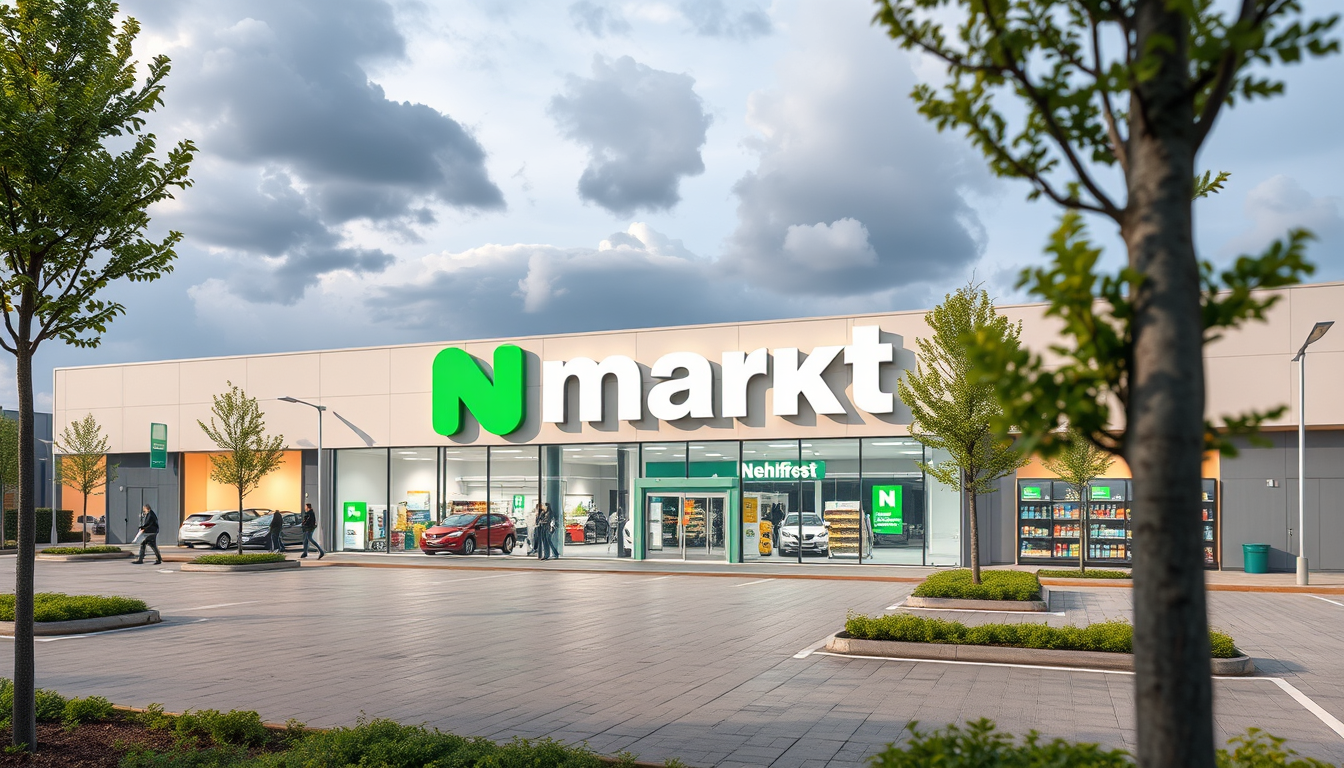 Main art studio: In Bremen gibt es die Firma Nehlsen. Erstelle einen futuristischen und nachhaltigen Supermarkt mit großem Parkplatz mit Ladesäulen und PV Anlage auf d