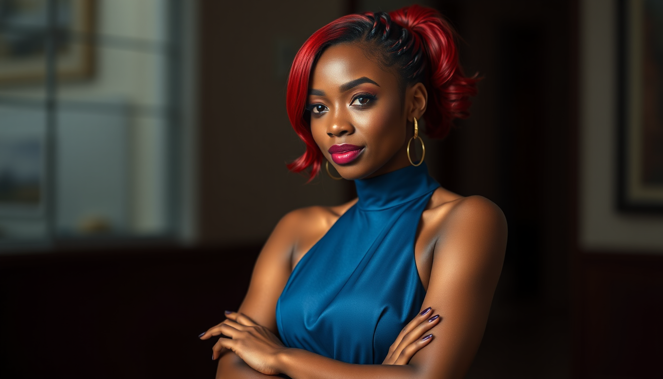 Characters idea: an original character defined by silhouette, role, outfit, palette, and expression, deliberate composition, Black, beautiful 28-year-old woman with re