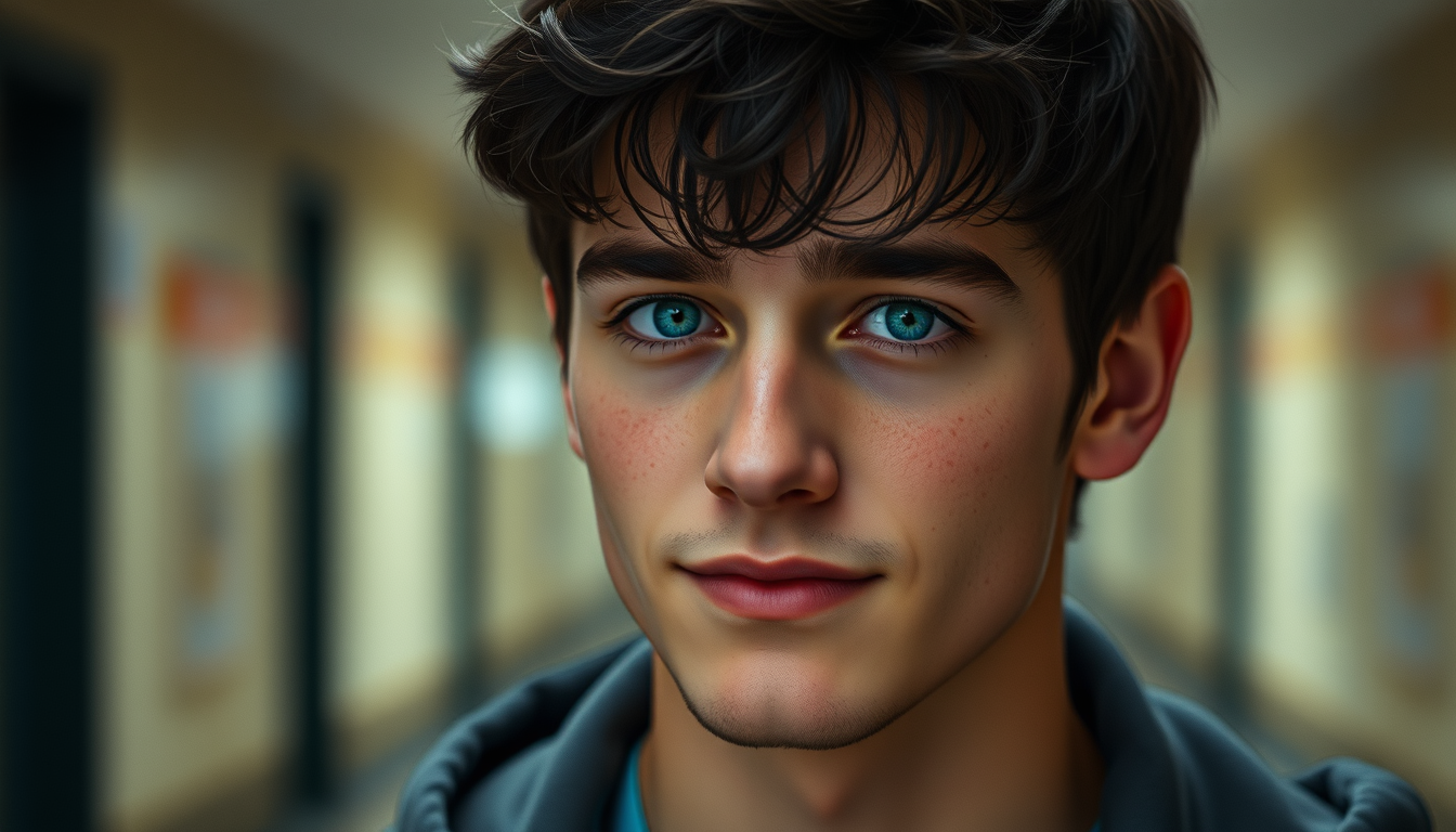 Main art studio: A handsome 19-year-old male student named Noah, black hair, bright blue eyes, kind and protective expression, realistic cinematic photography style, s