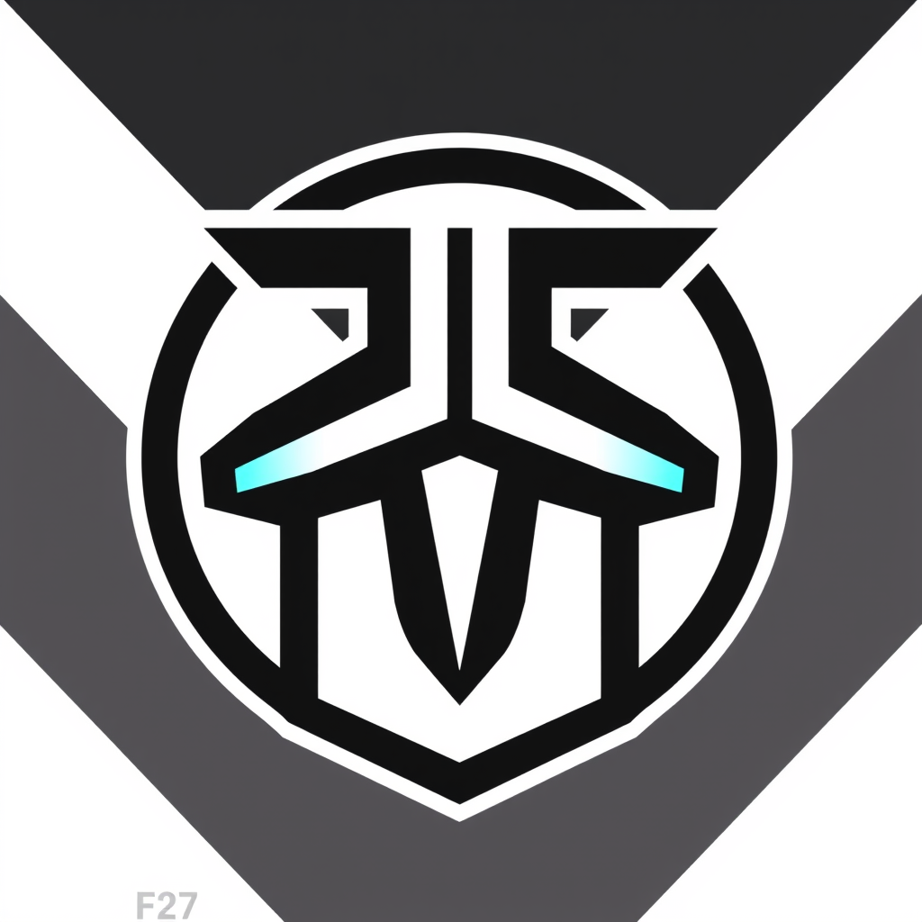 Logo idea: logo design, clean minimal mark, bold simple shapes, balanced composition, Logo monogram F27. Integrar la F y el número 27 en un único símbolo geométr