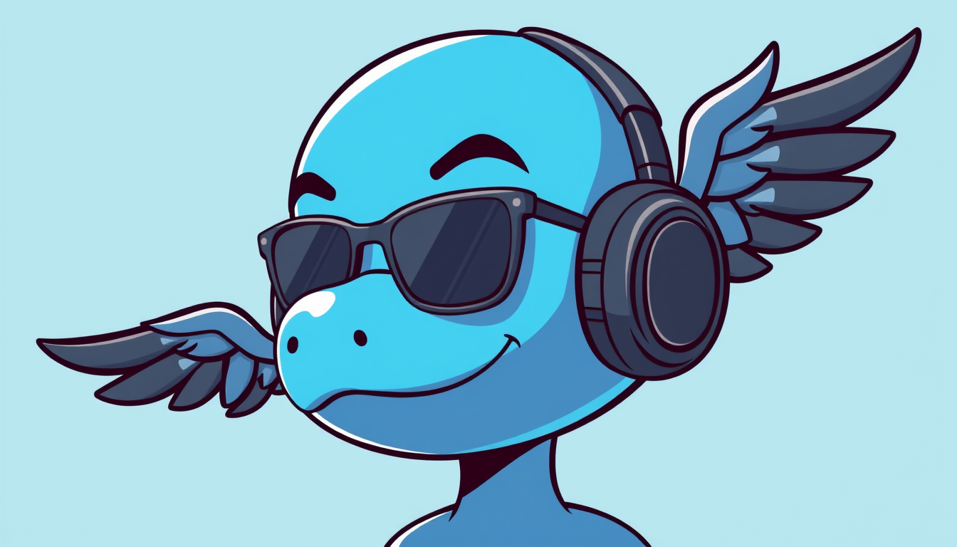 Cartoon Avatar idea created from the prompt: cartoon avatar, head-and-shoulders, bold outlines, flat shading, un cornichon bleu avec des yeux et avec un casque audio noir en 2d avec des