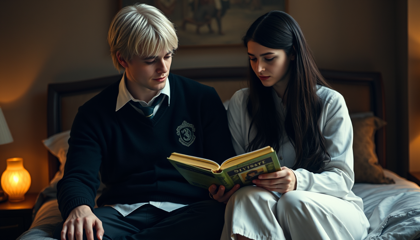 Main art studio: A photorealistic scene of Draco Malfoy, with his exact recognizable appearance from the Harry Potter movies, sitting on a bed in a dimly lit bedroom,