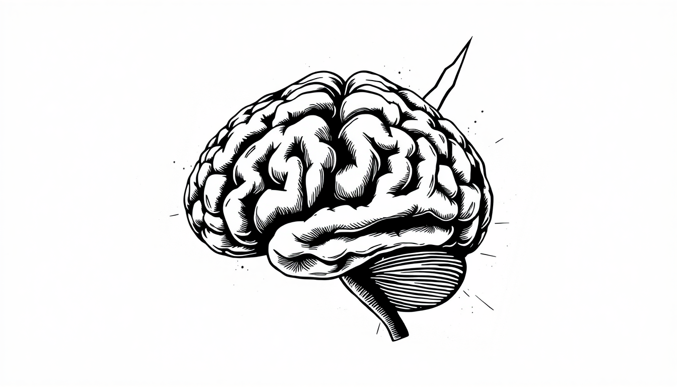 Main art studio: un cerebro hecho con dos orejas hecho en dibujo estilo grabado