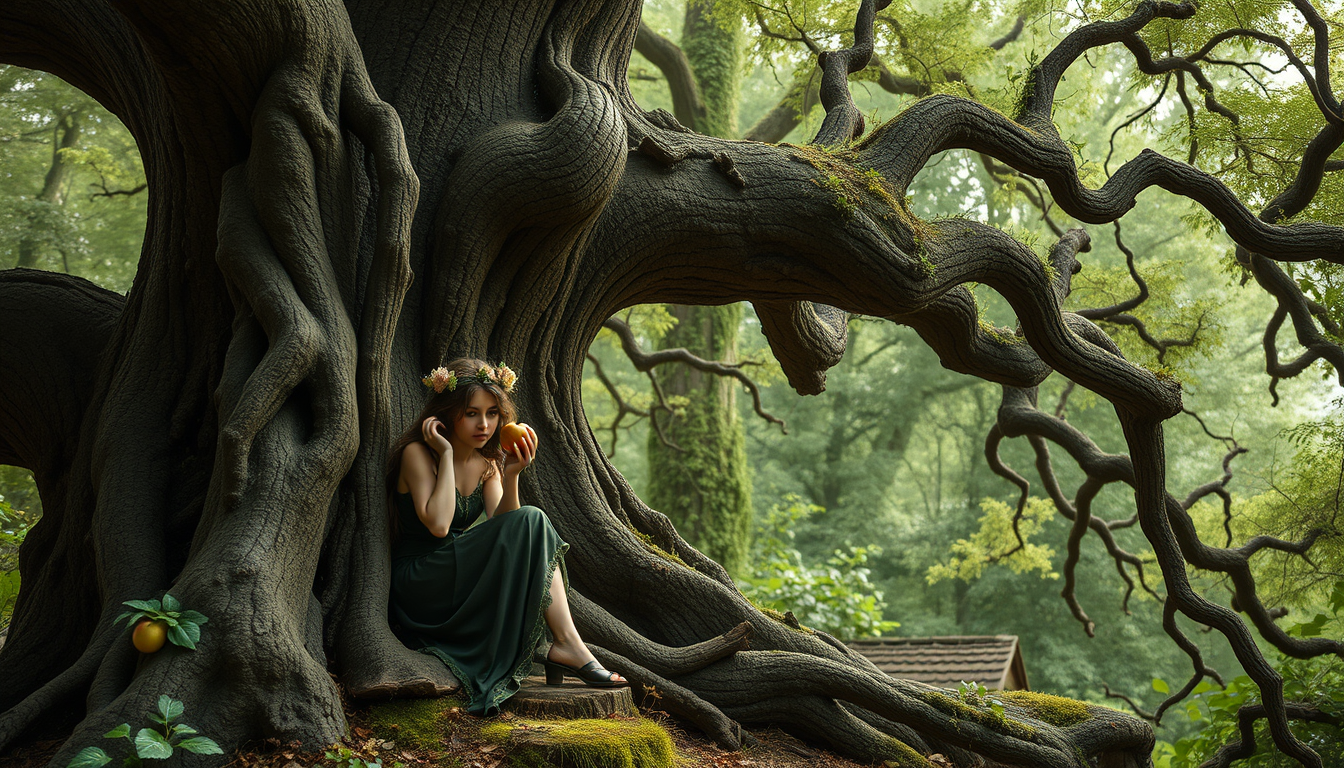 AI Art prompt example created from the prompt: wood nymph eating apple by a gnarly ancient oak tree, art nouveau, fairyland, photo real, space for witing