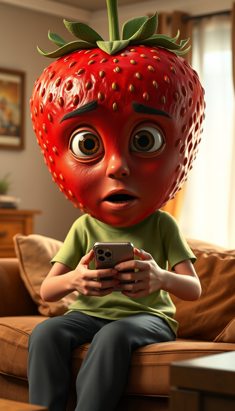 Main art studio: A cinematic, highly detailed 3D anthropomorphic strawberry character, large red strawberry-shaped head covered in tiny realistic seeds, green leafy cr