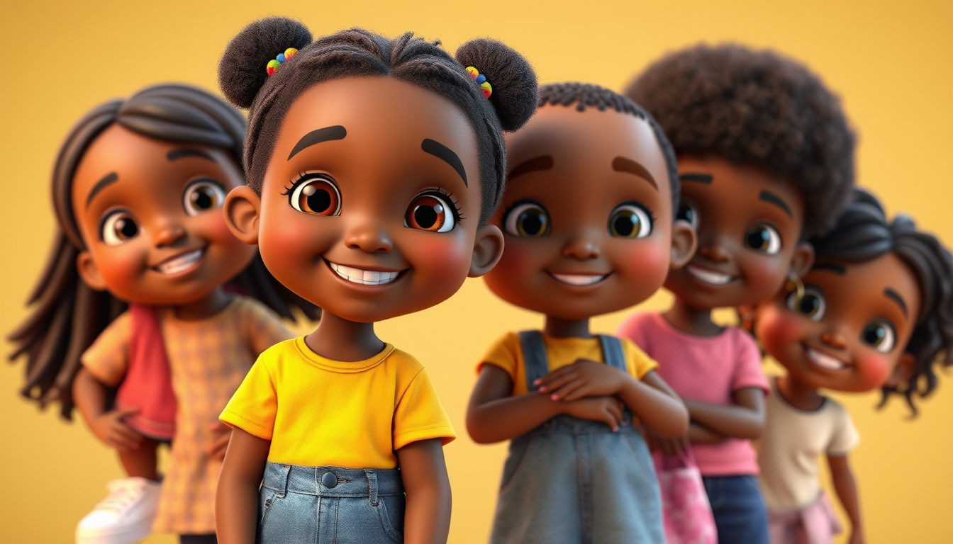 Main art studio: Create a high-quality 3D animated children's music video character group, designed for children ages 3–8joyful African children standing together and