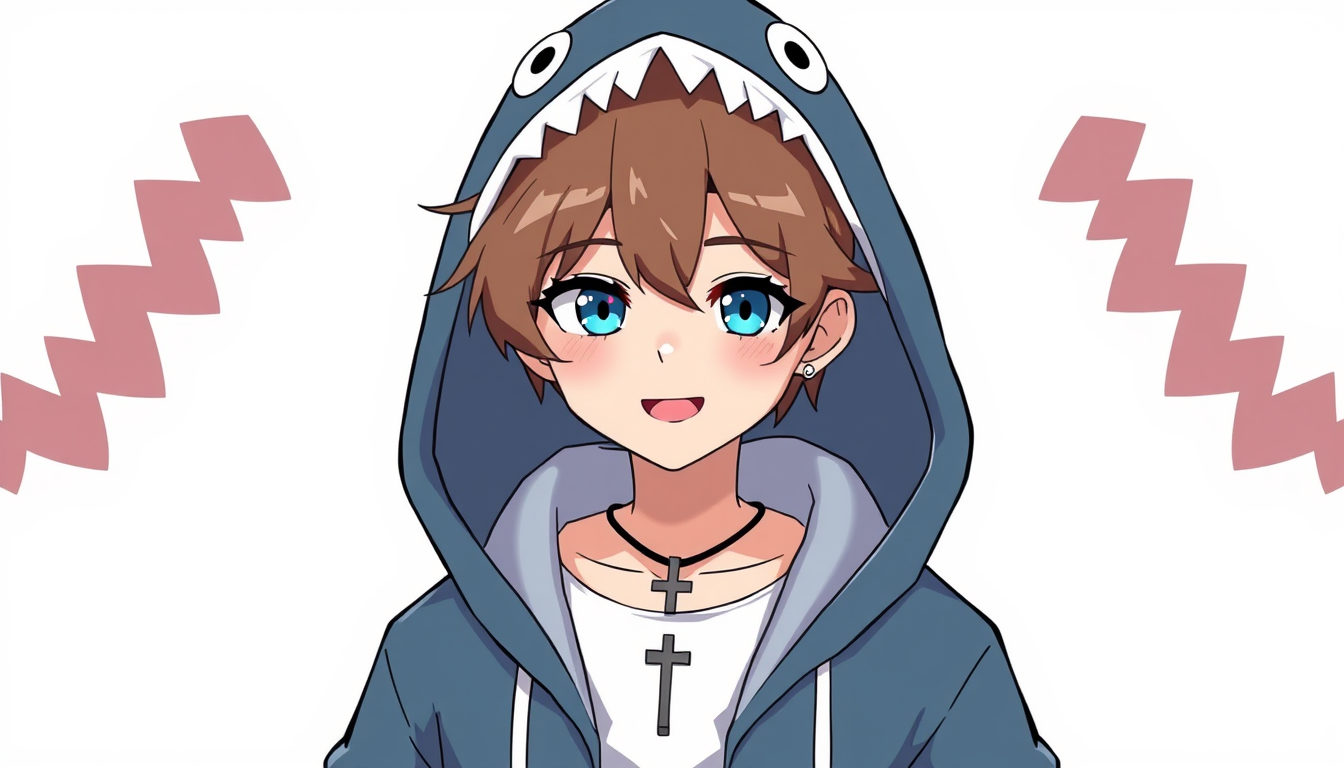 VTuber idea: vtuber avatar character, anime style, expressive face, streaming-ready design, Make a male vtuber with a cross necklace and a shark hoodie that cute a