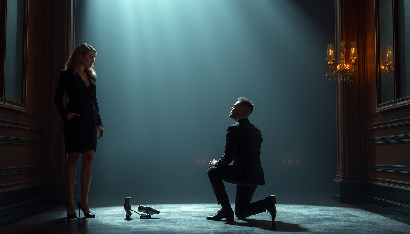 Main art studio: “Create a photorealistic cinematic book-cover scene featuring an adult woman She is the central figure, standing tall and confidently with an intimida