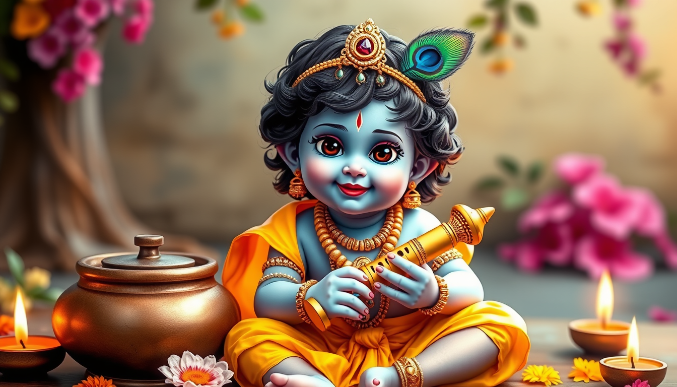 Main art studio: Adorable little Bal Krishna, innocent cute baby face, beautiful big expressive eyes, gentle divine smile, soft blue skin, wearing a bright yellow dhot