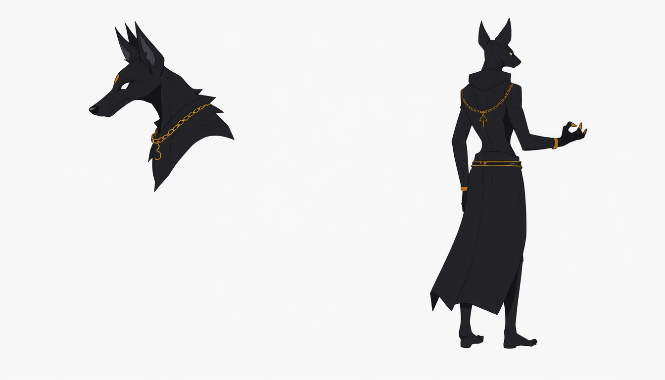Fursona idea: fursona character, anthropomorphic animal design, expressive personality, reference sheet style, Dark fantasy anthropomorphic black jackal guardian. S