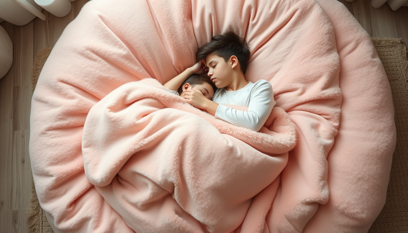 Main art studio: fille adulte jeune, super mignonne, allongée sur un énorme lit rond rose en fourrure, avec une fourrure rose/blanche très épaisse autour d'elle. Elle