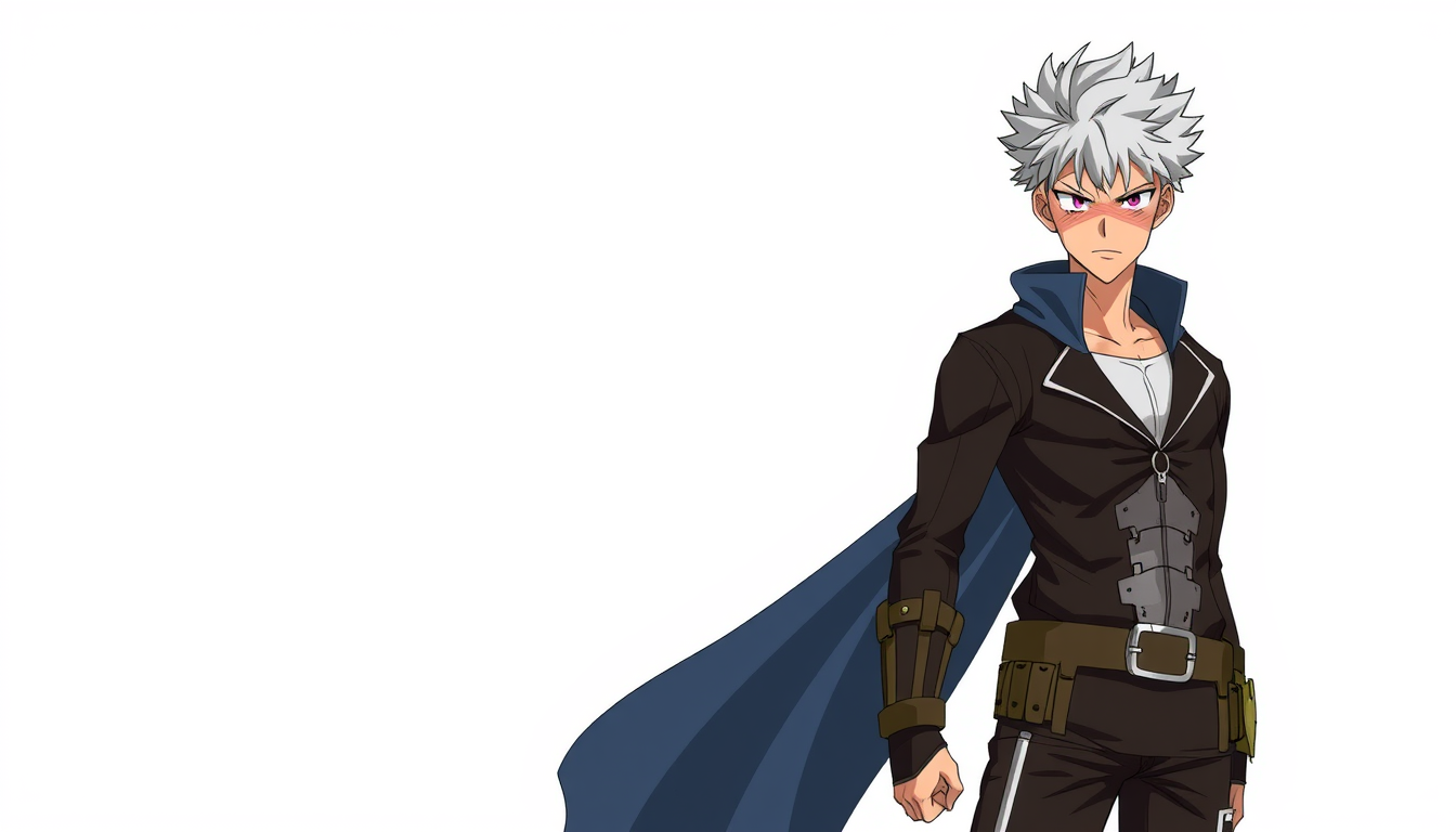 Main art studio: Adapt Sanemi Shinazugawa visually to My Hero Academia. Keep his exact face, white hair, scars, body, proportions, age, expression and identity. Change