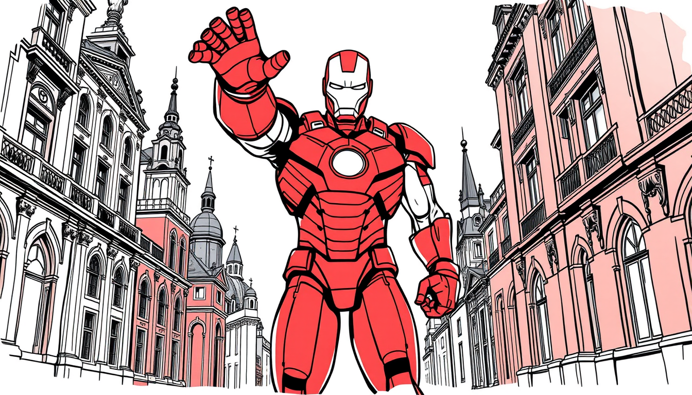 Main art studio: Iron Man standing heroically in a European comic book illustration, full body, clean precise black contour lines of consistent thickness, flat solid c