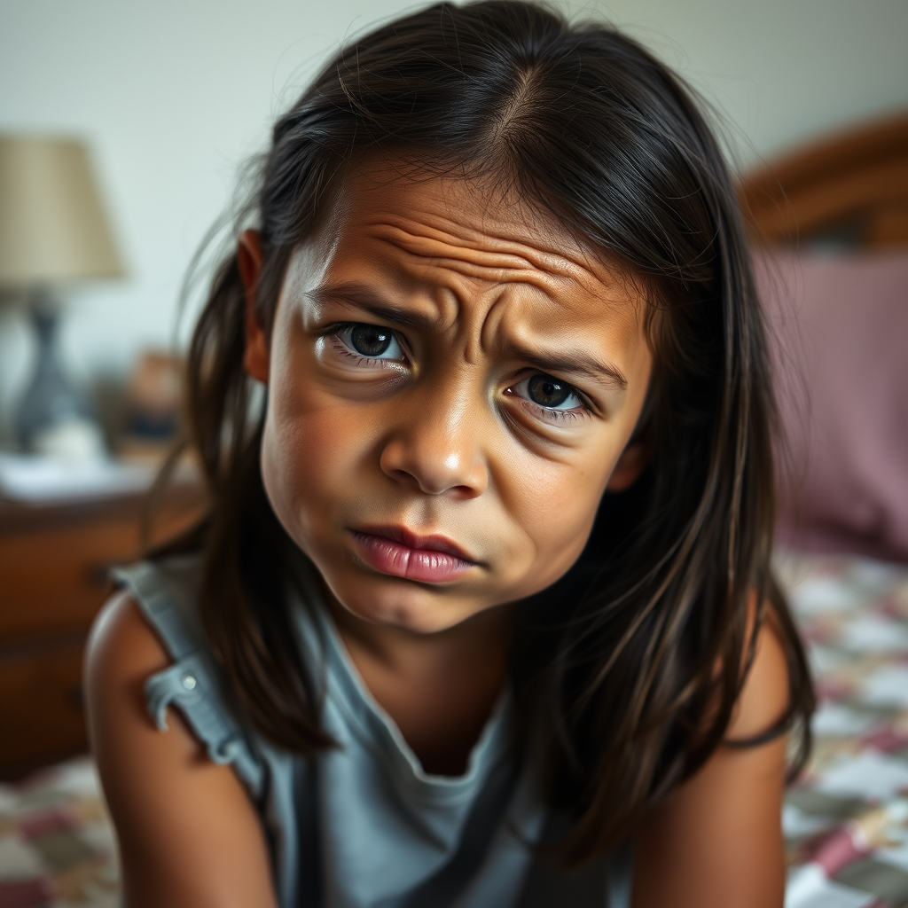Main art studio: dark tanned 10 year old with girl dark brown hair sitting in a bedroom, head tilted down, very wrinkly, lots of wrinkles, wrinkled nose, wrinkles all 