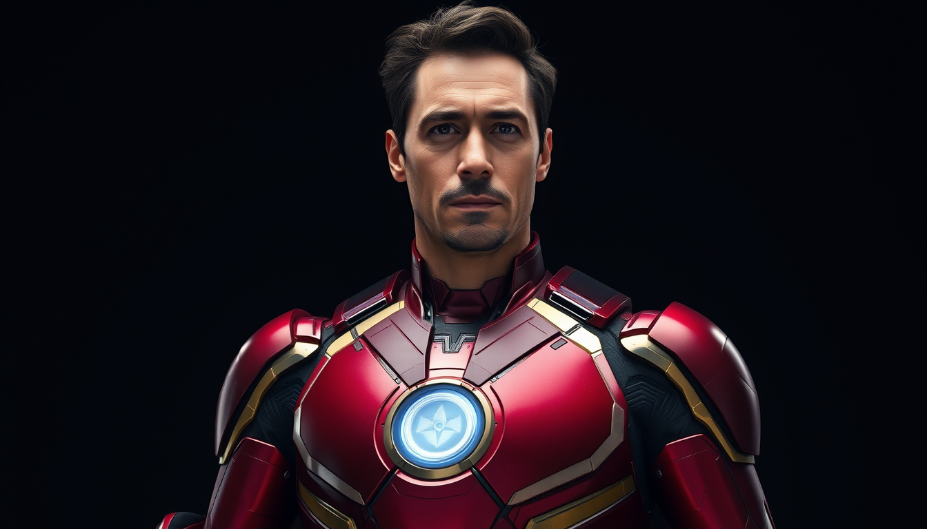 Main art studio: Photorealistic cinematic superhero character reference. Tony Stark, middle-aged, lean athletic build, short dark brown hair, neatly trimmed goatee, br