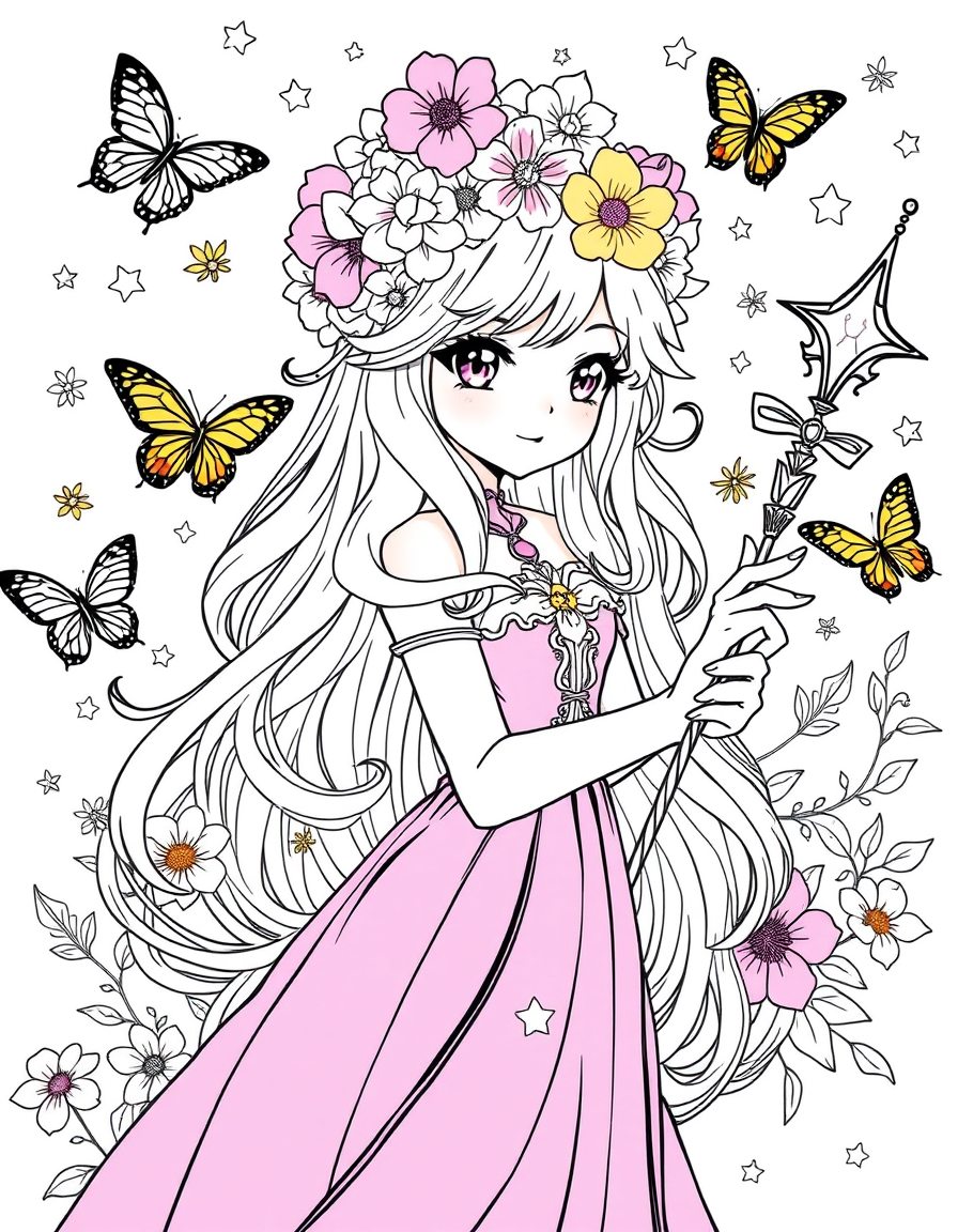 Anime idea: anime style, vibrant colors, expressive eyes, Original anime-inspired young female flower mage, full body, long wavy hair, flower crown, elegant dress