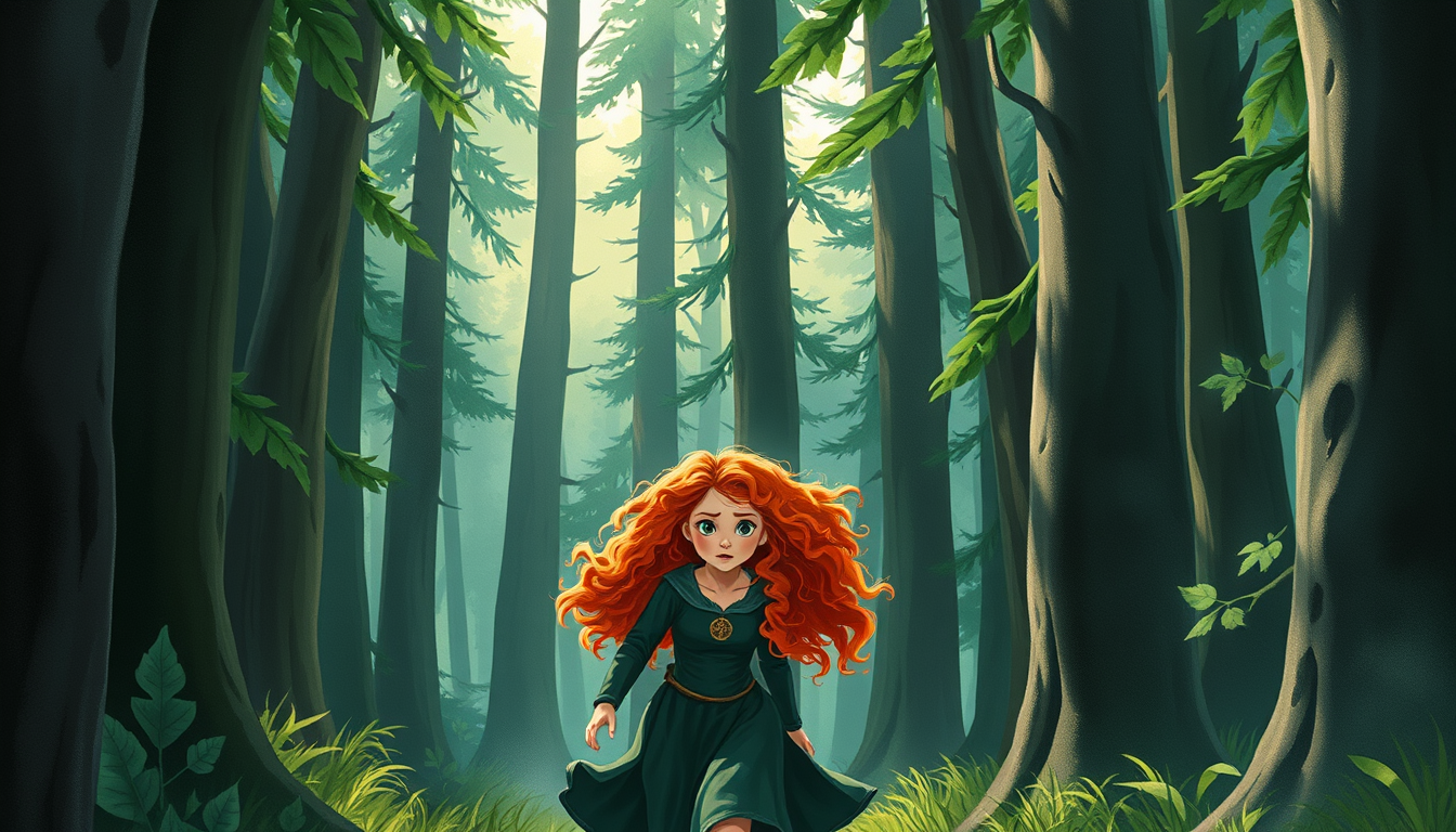 Main art studio: Merida, a teenage Scottish princess with very long wild curly bright red hair, green eyes, and a dark green medieval dress, runs alone through a dense