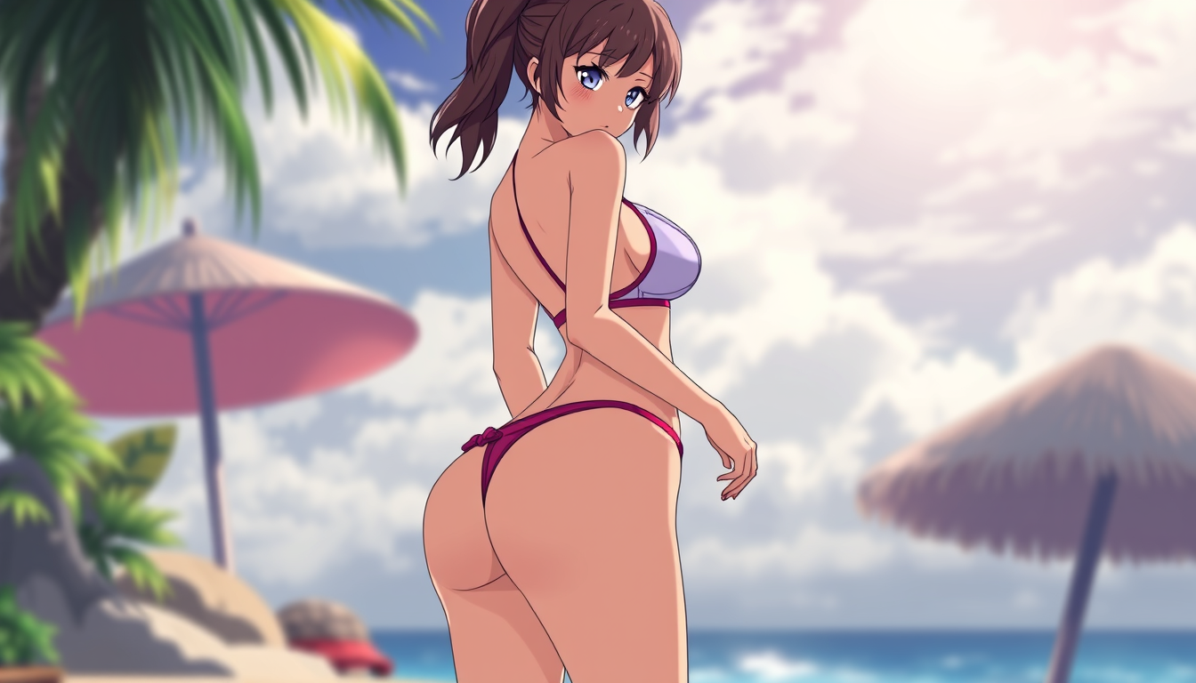 Main art studio: Chica anime con pose sensual en bikini ajustado y pequeño con senos grandes que se salen un poco del bikini y calson delgado y agustado mostrando part