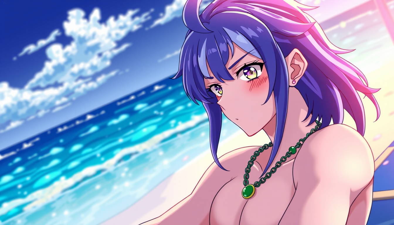 Anime idea: anime style, vibrant colors, expressive eyes, make felix from re zero at the beach alone doin poses sexy , detailed anime illustration