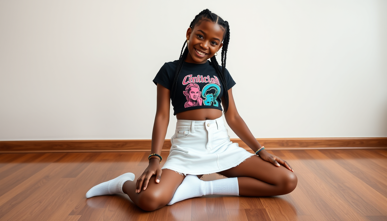 Main art studio: LONDON ALEXANDRA: a tall super duper cute young slender middle school girl with box braids, African-American. She is dressed in her outfit: a vibrant,