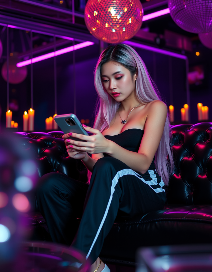 Main art studio: Ultra-realistic candid photo of a young Japanese woman sitting on a glossy black leather sofa in a dark nightclub. Very long pastel pink hair, natural