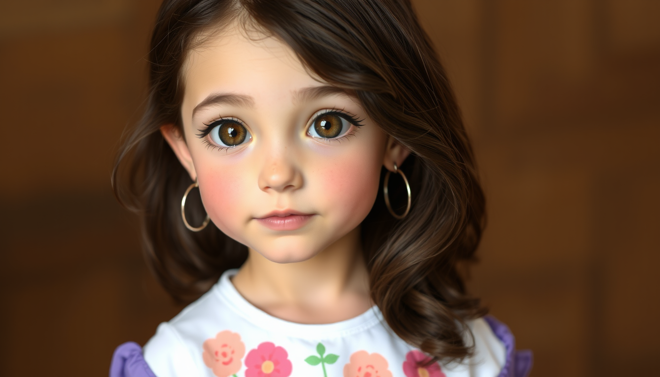 Main art studio: an 8 year old girl with dark brunnette hair, brown eyes, and silver hooped earrings. her hair is slightly wavy and she has long eylashes. she also has