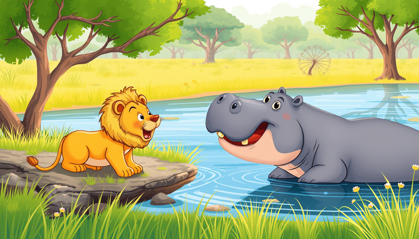 Main art studio: Illustration d’un livre pour enfants : le même lion gentil à la crinière dorée et le même hippopotame gris se rencontrent pour la première fois au bor