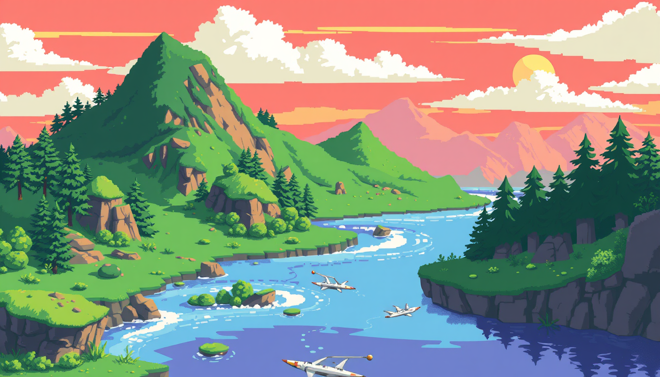 Pixel Art idea: pixel art, 32x32 sprite scale, limited palette, retro 16-bit game art, Pixel art de 50 × 50 pixels de paysage fantasy avec seulement quatre couleurs :