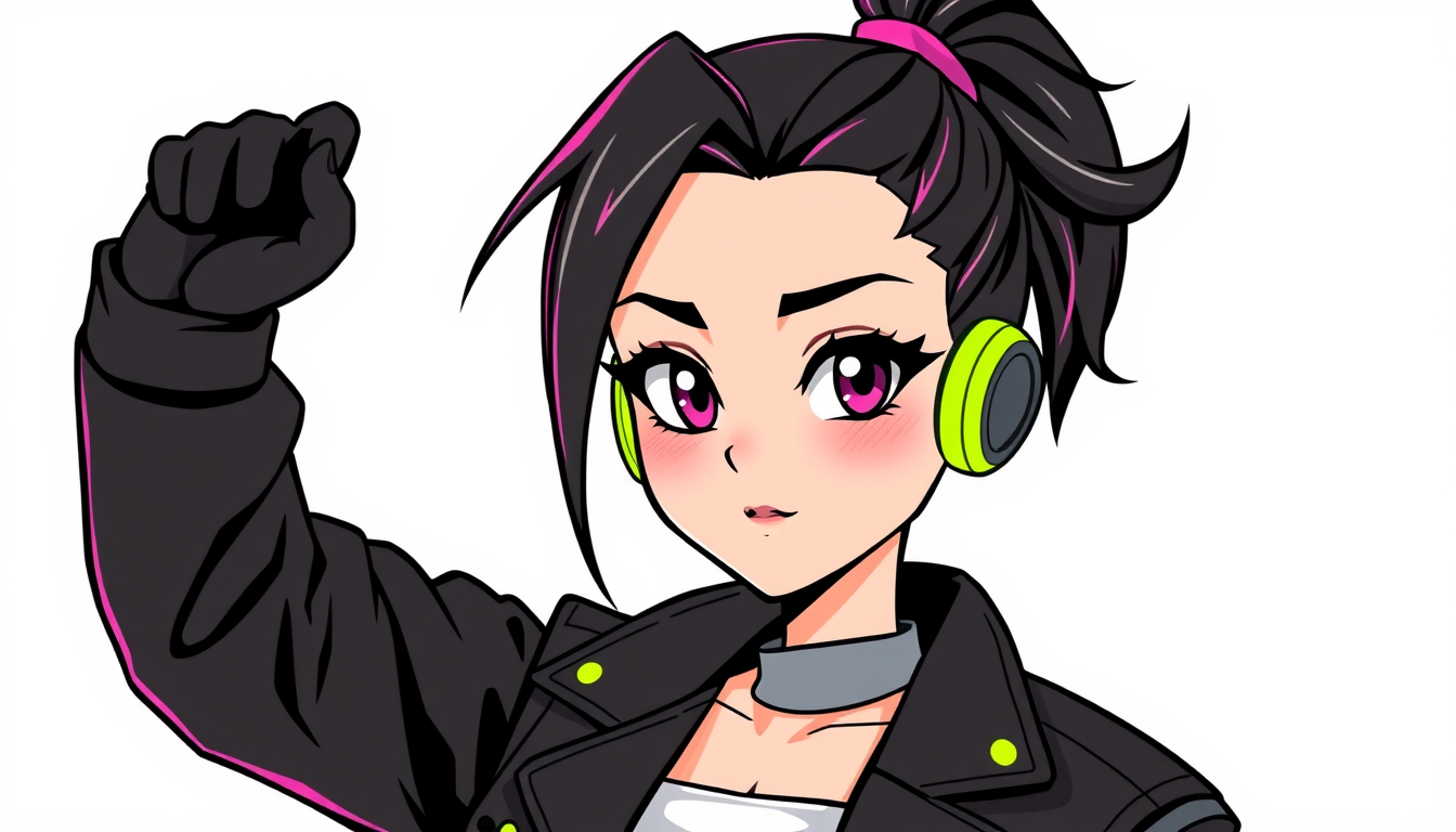 VTuber idea: vtuber avatar character, anime style, expressive face, streaming-ready design, A confident 2D anime baddie girl streamer with a sharp slicked-back hig