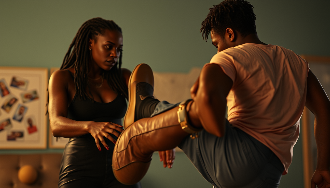 Realistic Images idea: photorealistic generated image, natural materials and skin texture, physically plausible lighting, Black women from wicked kicking a guy in the face w