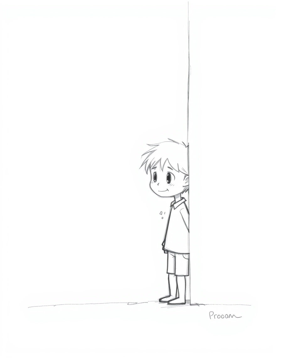 Main art studio: **Prompt:** A simple black-and-white pencil sketch, like a child casually drew it. A little boy secretly looks at a girl he cares about from a short d