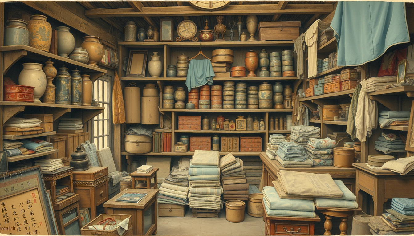 Main art studio: A ramshackle and old dusty, shabby and run-down shop interior of Japanese general store with a messy display of various curios, lacquered boxes, oddit