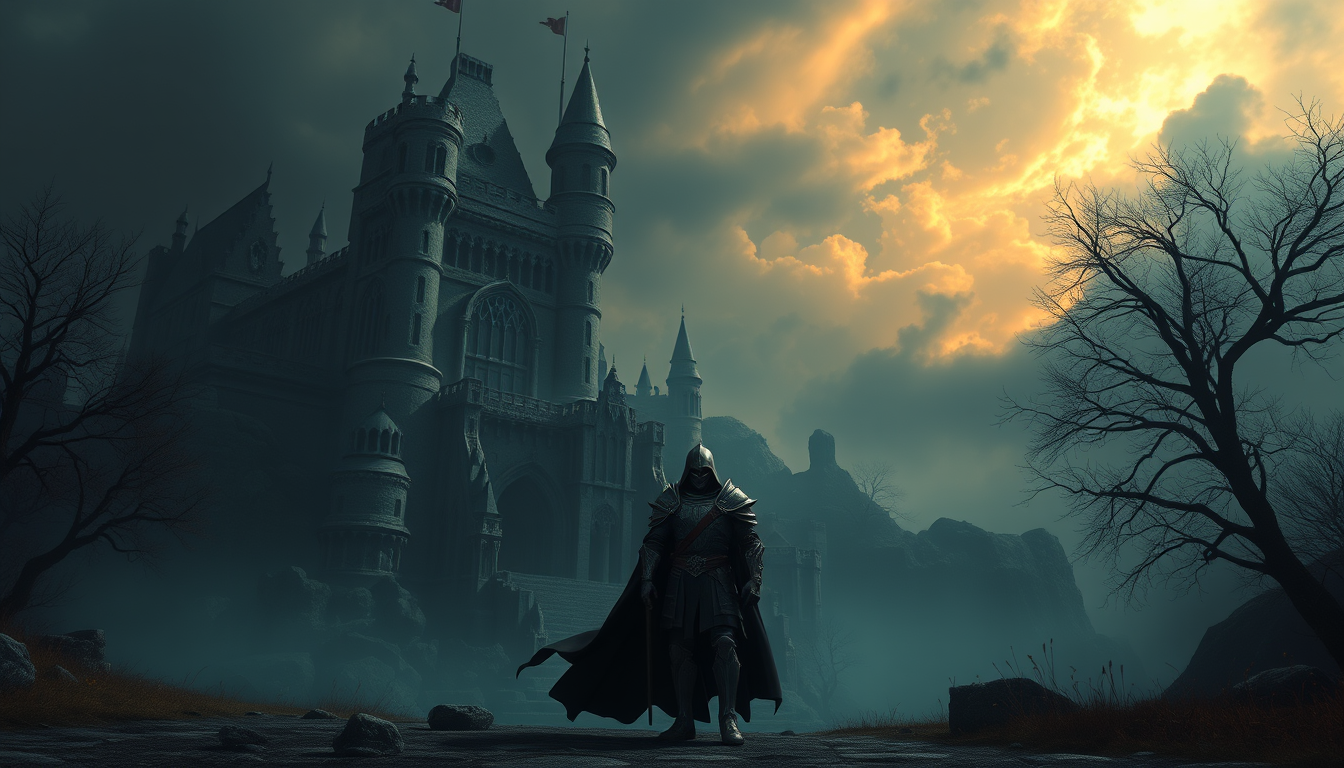 Main art studio: Shadow knight in front of a dark fantasy castle