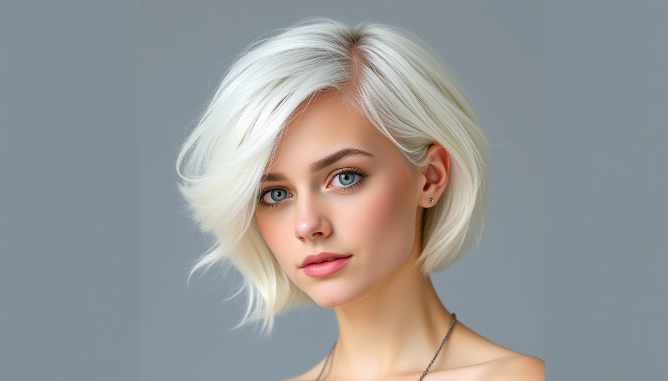 Main art studio: crea una ragazza di 16 anni con statura bassa capelli corti, voluminosi, bianchi e leggermente scompigliati con la frangia ; un viso piccolo e paffuto