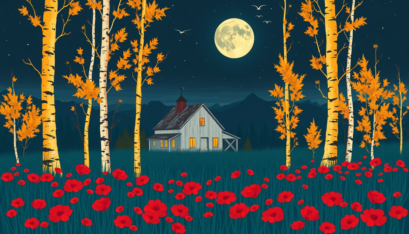Main art studio: A stylized night scene of a weathered white farmhouse with warm glowing windows, nestled among tall slender birch trees with luminous golden-yellow fo