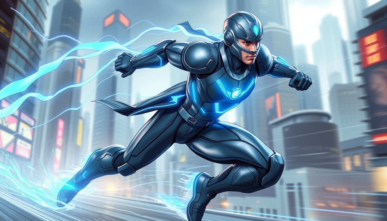 Main art studio: Original superhero named Time Runner, a super-speed hero sprinting through a futuristic city, sleek gray and electric-blue armored suit, glowing blue