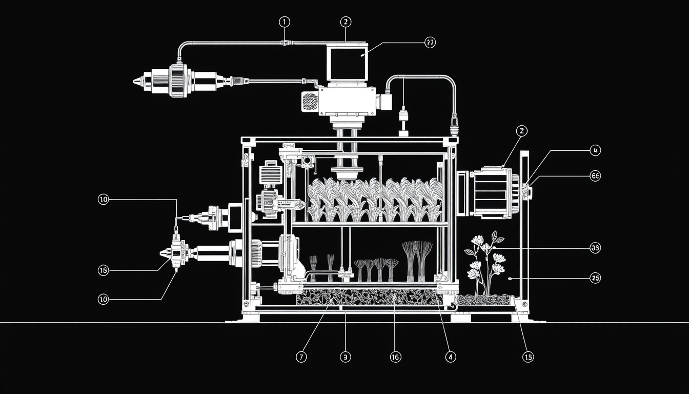 Main art studio: Show: 1. Adjustable actuator system 2. Motorized positioning mechanism 3. Sensor feedback unit 4. AI control processor 5. Mechanical adjustment rails