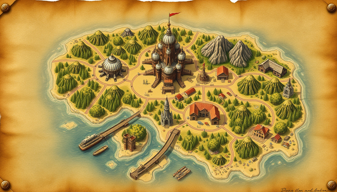 Fantasy Maps idea: fantasy world map, hand-drawn cartography, aged parchment, mountains forests and coastlines, Create an original top-down battle-royale island with a c