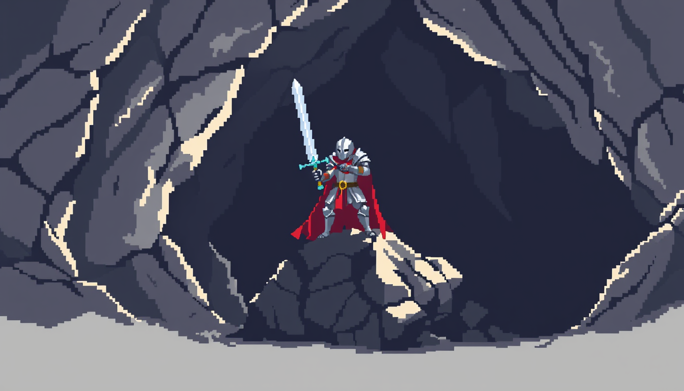 Main art studio: A 2x2 knight is holding a sword inside an cave standing in top of rock 9:16 no text no watermark pixel art style