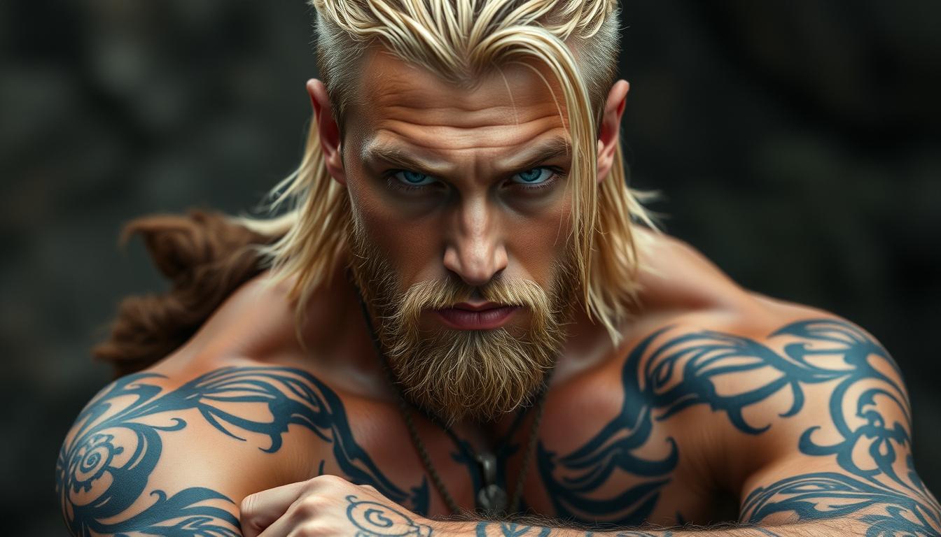 Main art studio: a blonde haired warrior like man with tribal tattoos allover his arms and stiking blue eyes. The tattoos should be something that screams I am the son