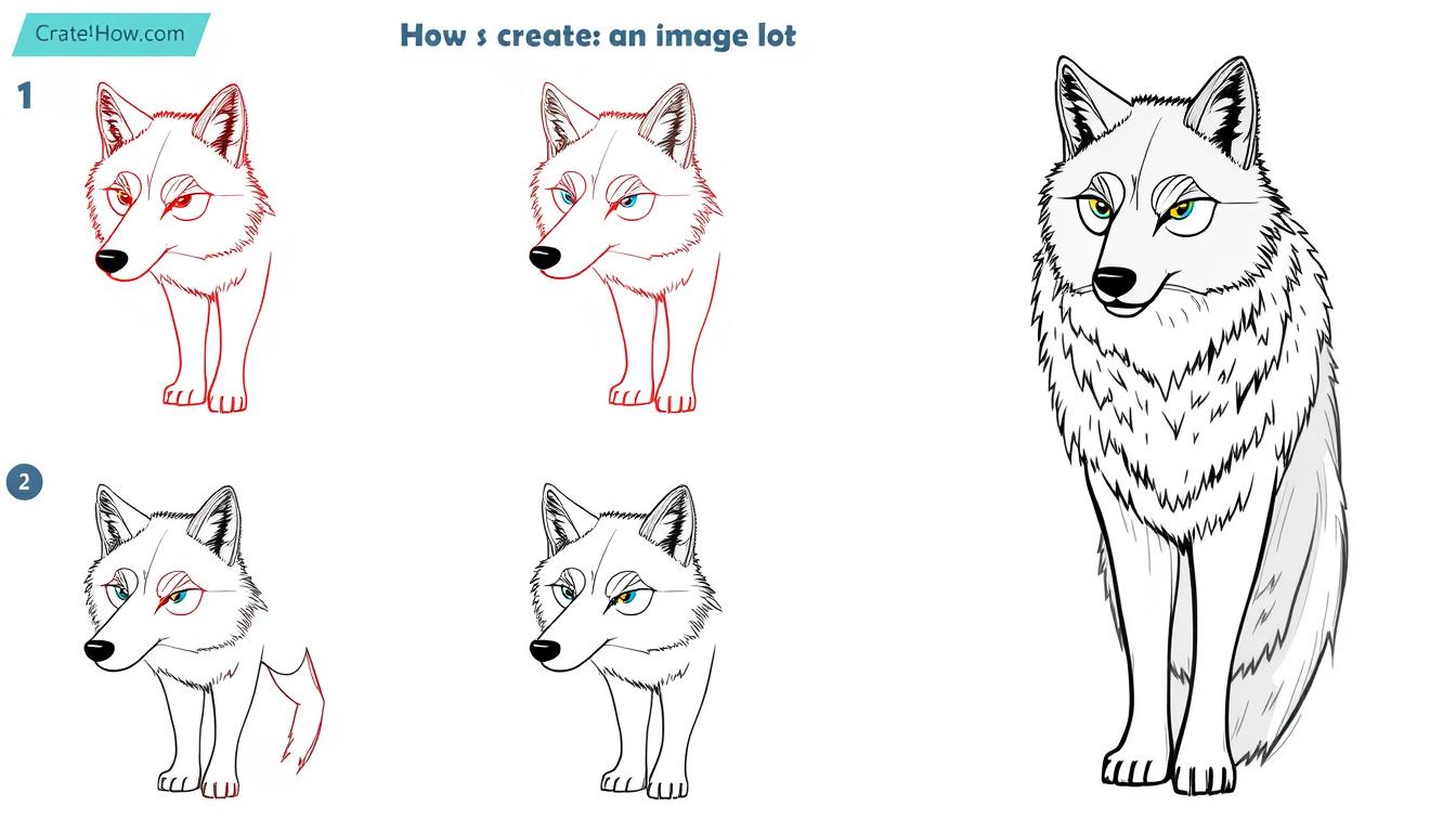 Main art studio: Create an image of a wolf that can be drawn in 24 steps, from start to finish.