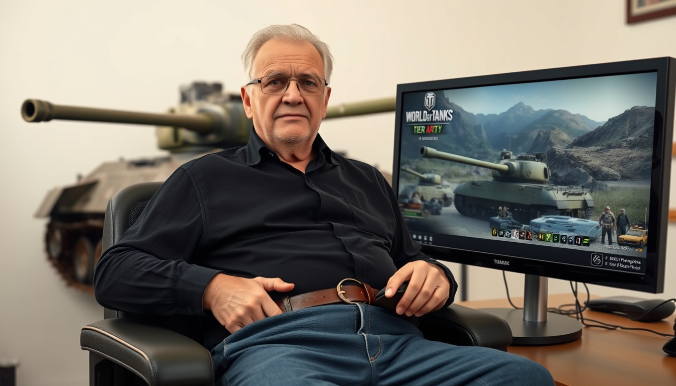 Main art studio: "World of Tanks" meme-image of an arty-player (older person) sitting on chair in front ob pc, right hand on mouse, other in his opened pants, splitted