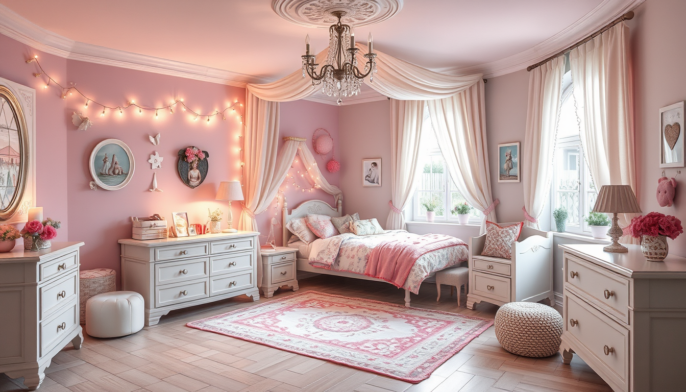 Main art studio: Traumzimmer mit Himmelbett und in Pastellfarben gestaltet es ist riesengroß und typisch für 12 Jahre alte Mädchen