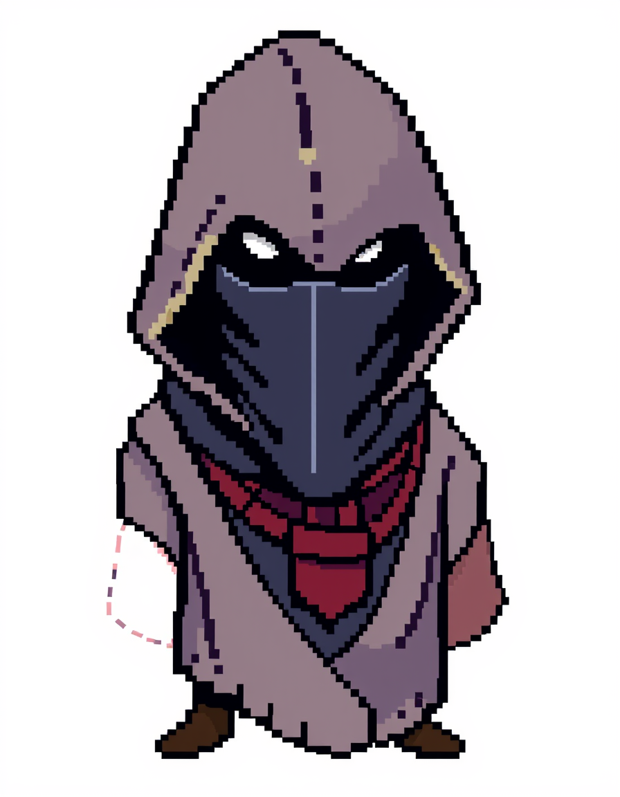 Pixel Art idea: pixel art, 32x32 sprite scale, limited palette, retro 16-bit game art, a pixel art of a medieval hooded bandit, 8bit, sprite, blank background, full b