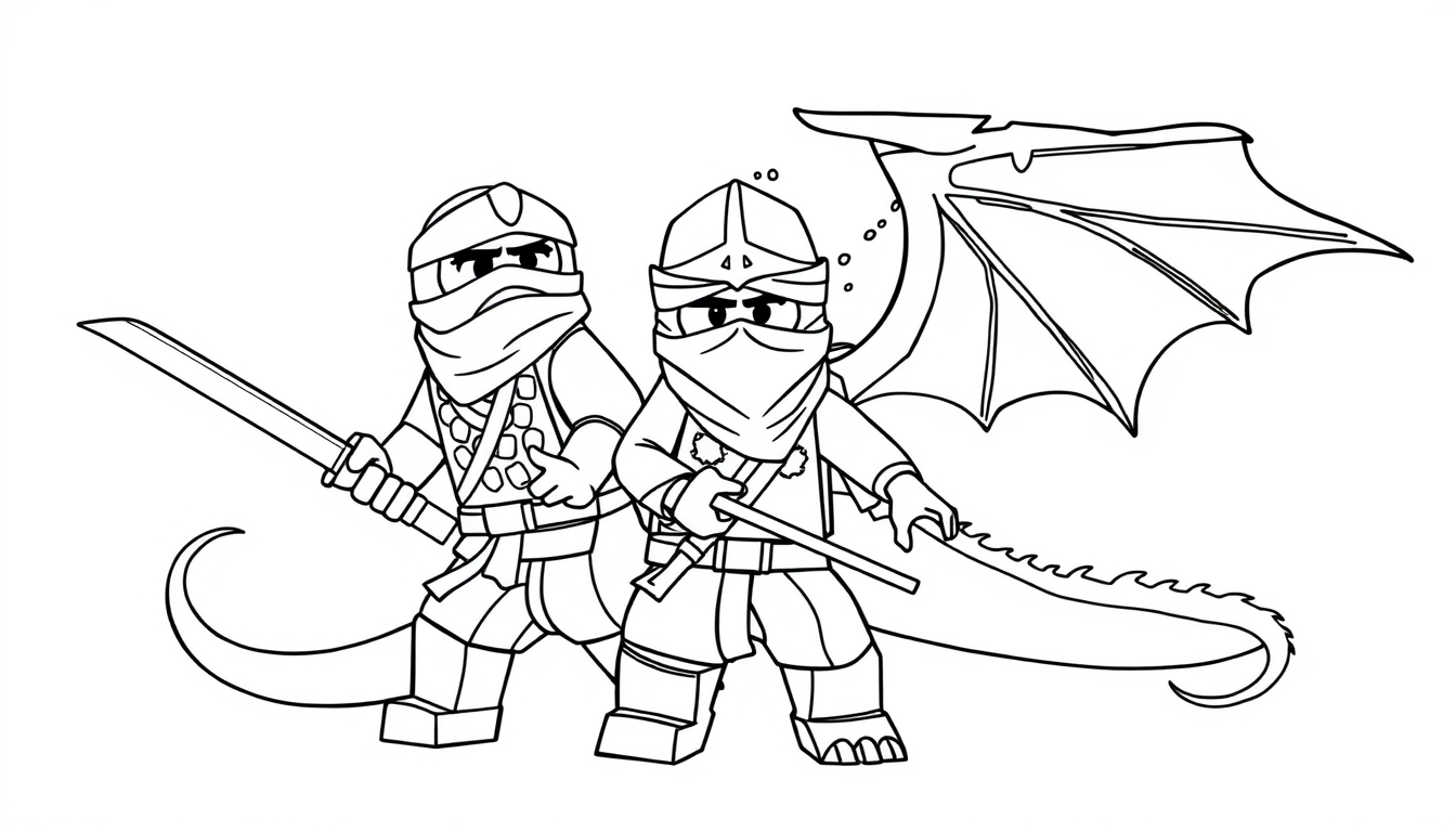 AI Coloring Page idea created from the prompt: black-and-white coloring page, bold clean outlines, large enclosed areas, no shading, cors de ninja dans ninjago réaliste comme dans dragon 